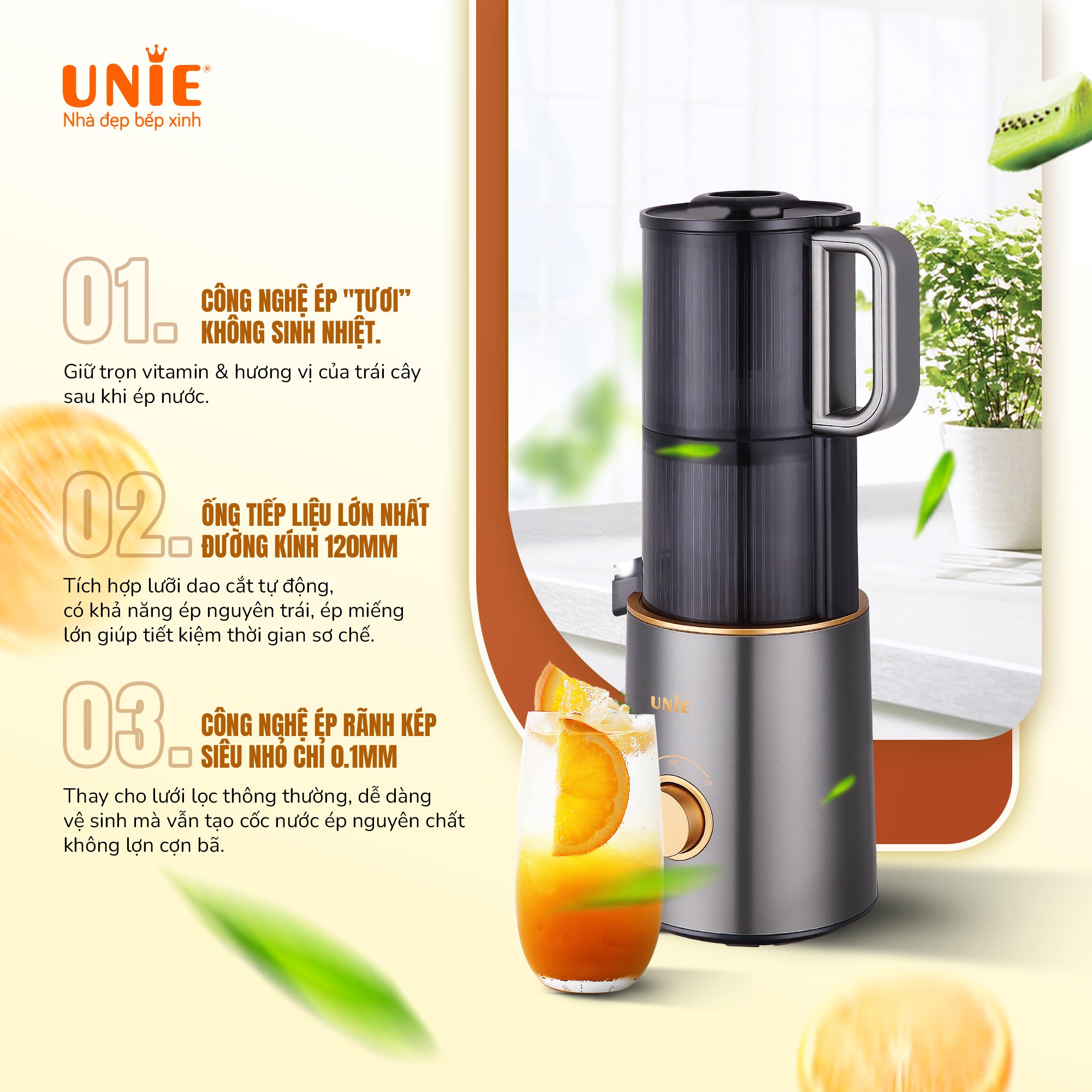 Máy ép chậm UNIE USJ866 công nghệ ép tươi cao cấp, công suất 200W, ống tiếp nhiên liệu cực lớn, ép nguyên trái, Bảo hành 12 tháng- hàng chính hãng