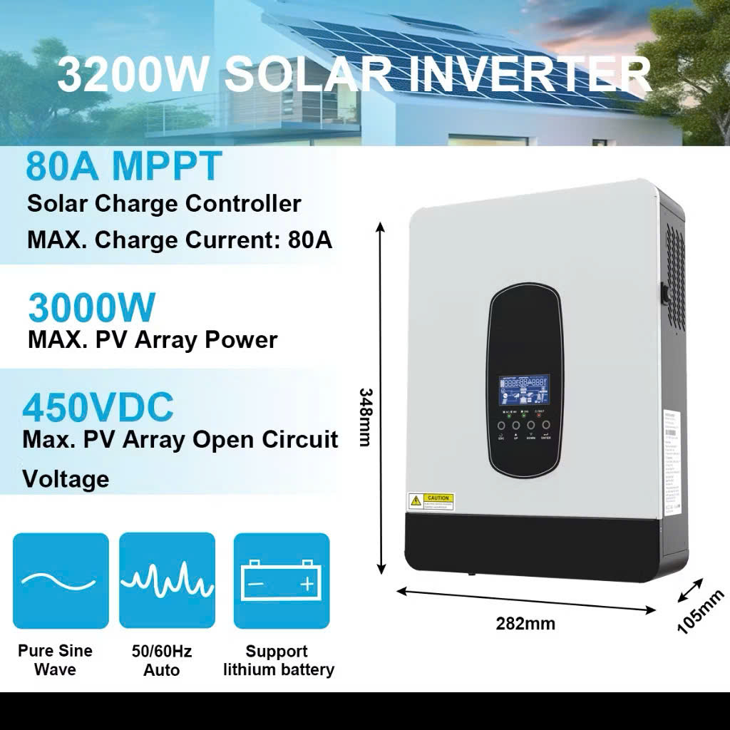 Biến Tần Hybrid Năng Lượng Mặt Trời 3200W 24V Lên 230V Sóng Sin Chuẩn Sạc Solar 80A, đèn trang trí
