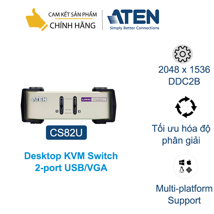 Bộ chuyển tín hiệu 2 CPU dùng chung 1 màn hình, ATEN CS82U KVM Switch dạng Desktop - Hàng chính hãng