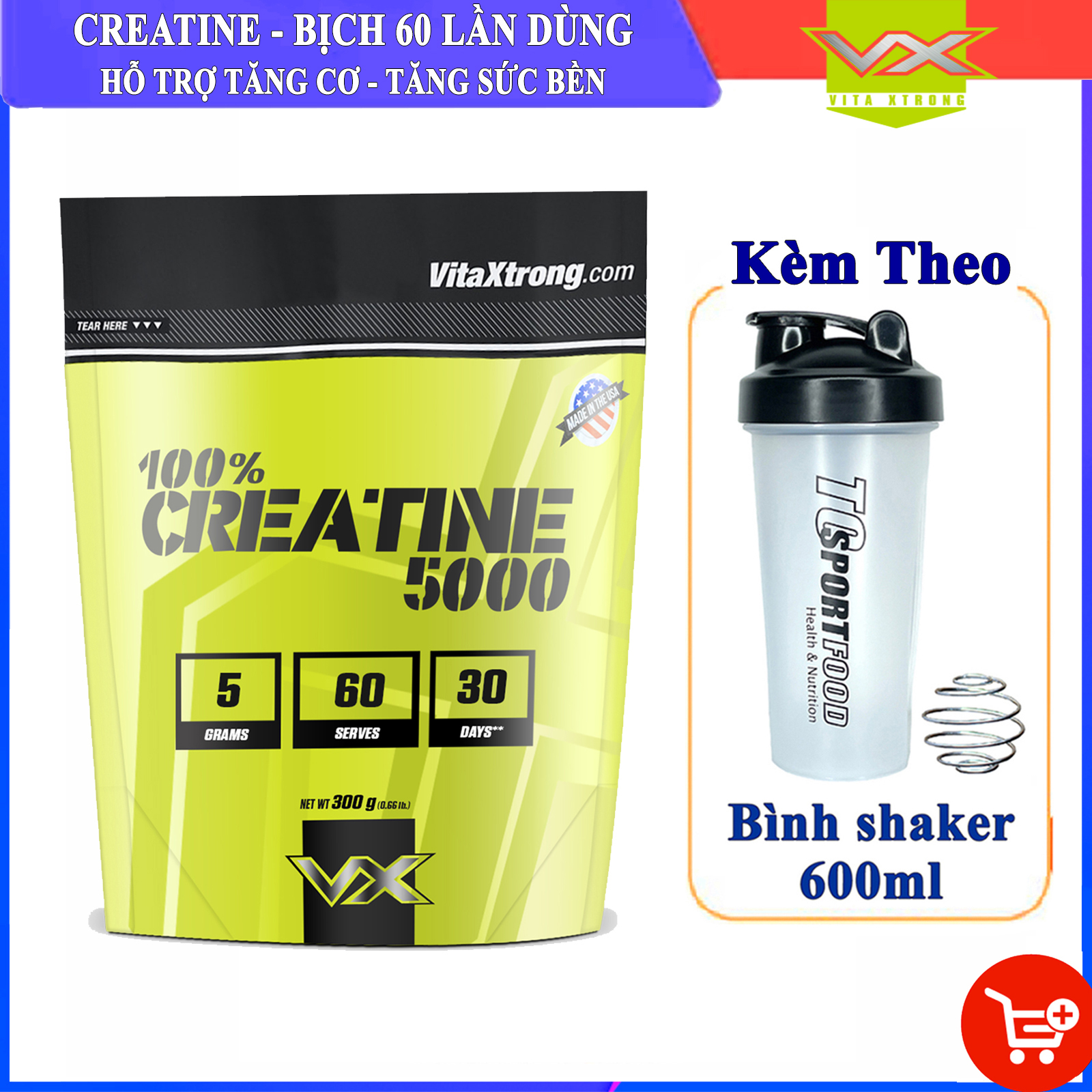 Combo Creatine 5000 của VitaXtrong hỗ trợ tăng sức bền, sức mạnh, đốt mỡ, giảm cân và Bình shaker 600ml (mẫu ngẫu nhiên)