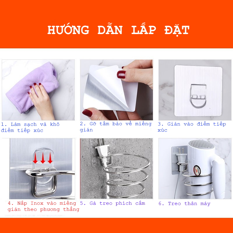 Dụng cụ treo máy sấy tóc bằng Inox, giá treo dạng chôn ốc có miếng gián gắn tường không cần khoan