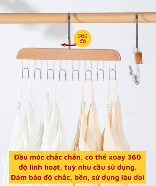 Móc Treo Đồ 8 Móc Inox, Thân Bằng Gỗ - Gọn Nhà Gọn Tủ