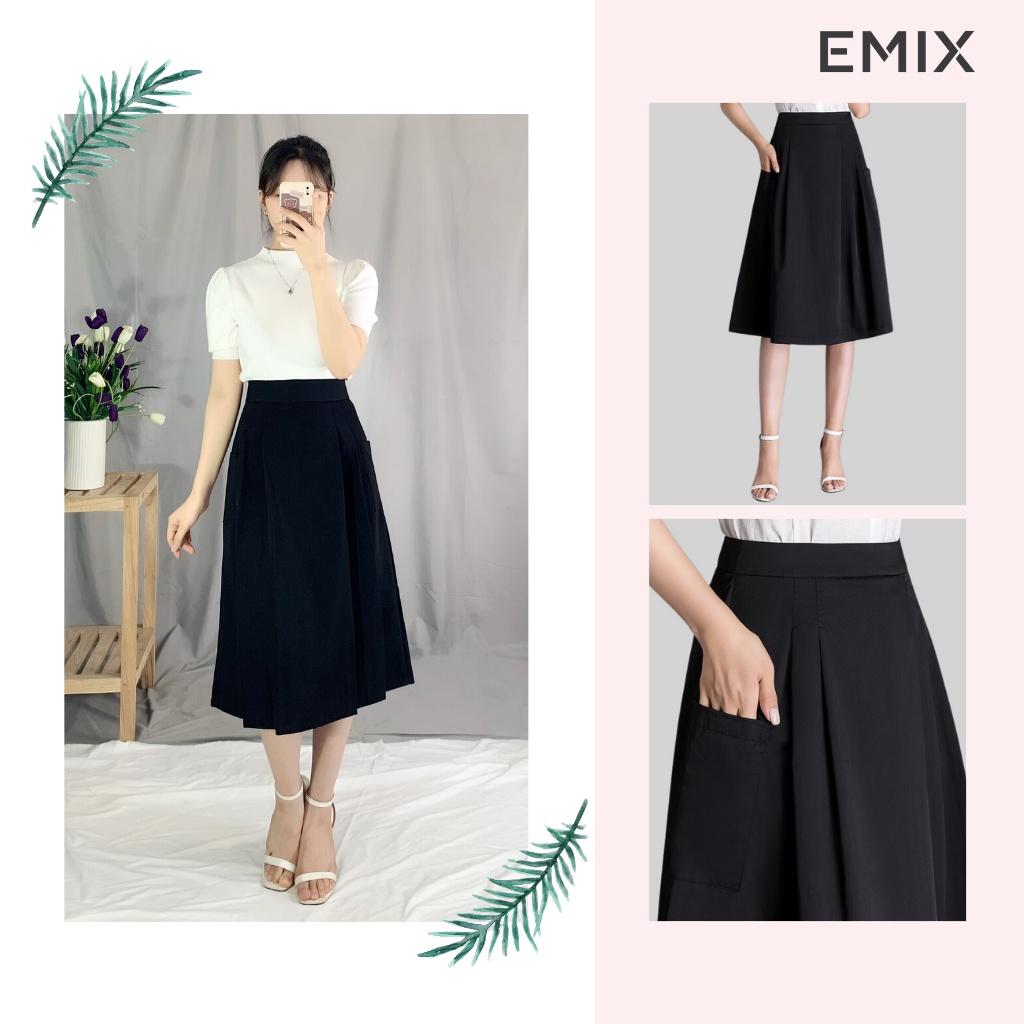 Chân váy midi công sở 921 EMIX (màu đen), dáng dài, ulzzang, cạp cao, khóa sau, hai túi, vải tuytxi mềm nhẹ