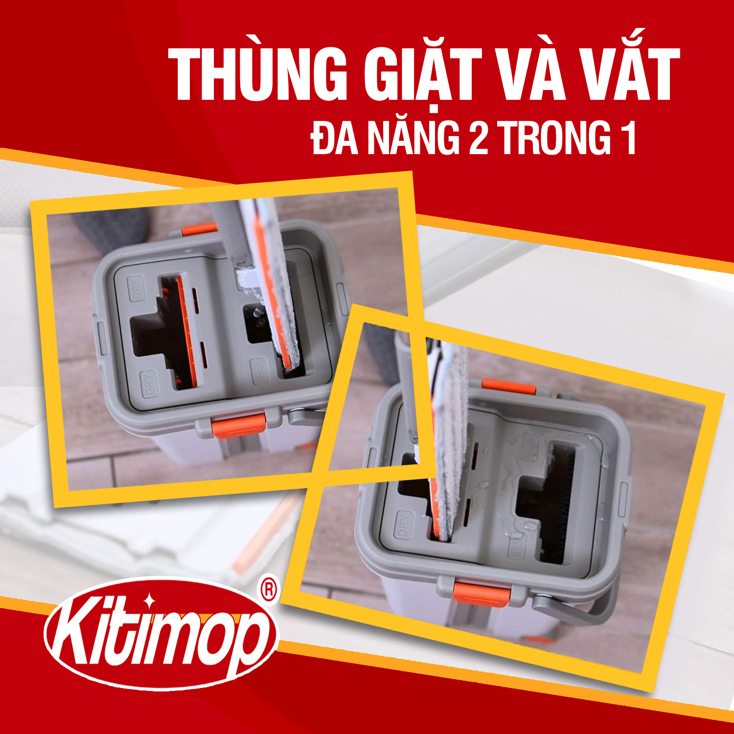 Bộ lau nhà cỡ lớn Kitimop-ProMax có thùng lau nhà tự vắt kèm bánh xe, cây lau nhà 360 độ giúp lau sàn làm sạch, 3 bông lau