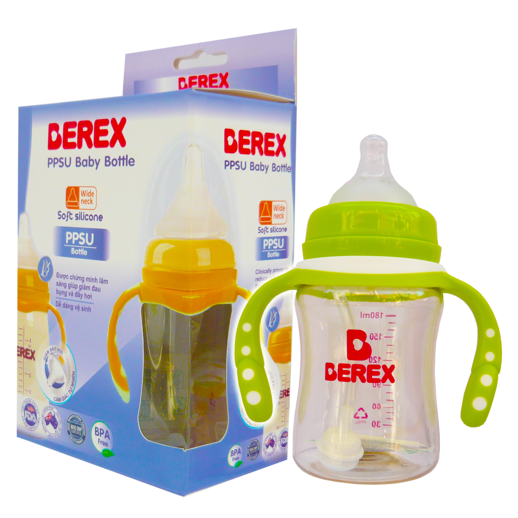 Bình sữa Nhựa PPSU PLUS Berex cổ rộng, chống đầy hơi cho bé (180ml)- có Quai mẫu ngẫu nhiên