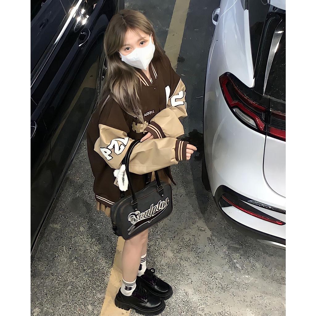 Áo Bomber Nỉ Unisex Màu Nâu A23 Tay Bo Phối Màu