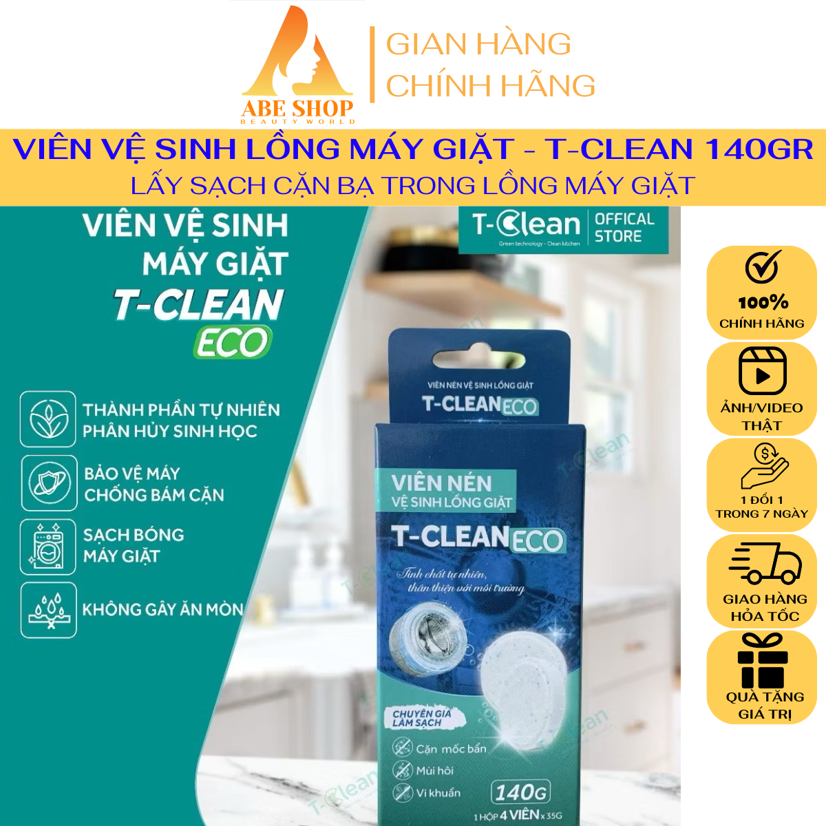 Viên Tẩy Vệ Sinh Lồng Máy Giặt T-Clean 4 Viên - Loại Bỏ Mùi Hôi - Cặn Bẩn Lâu Ngày - Giúp Quần Áo Thơm Tho