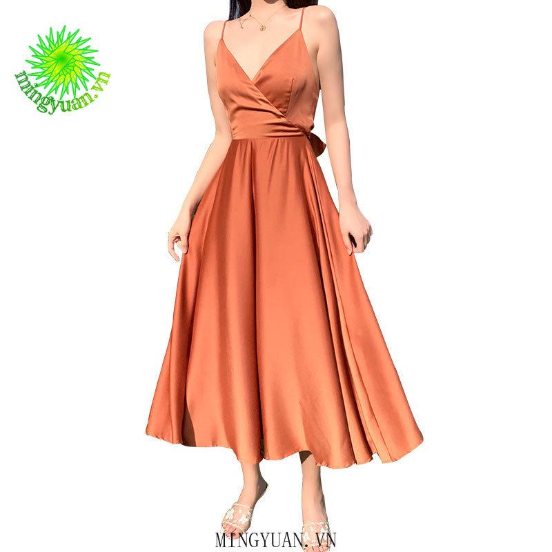Đầm Hai Dây Dáng Dài Vải Satin Trơn Phong Cách Retro