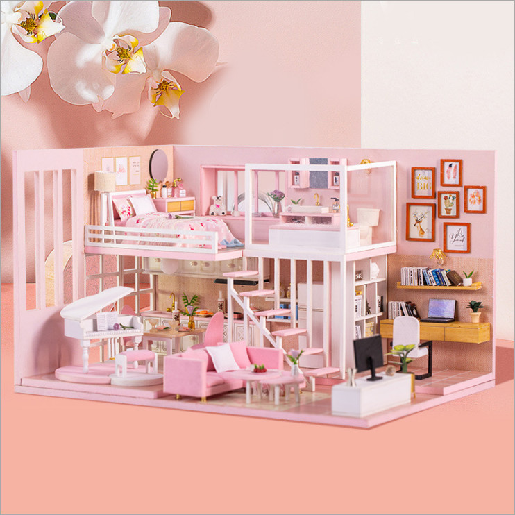 Mô hình nhà DIY Doll House Dream Girl Heart Kèm Hộp nhạc và Mica Chống bụi