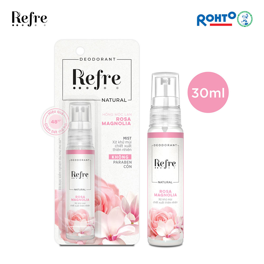 Xịt Khử Mùi Chiết Xuất Thiên Nhiên Refre Natural Rosa Magnolia – Hồng Mộc Lan 30ml