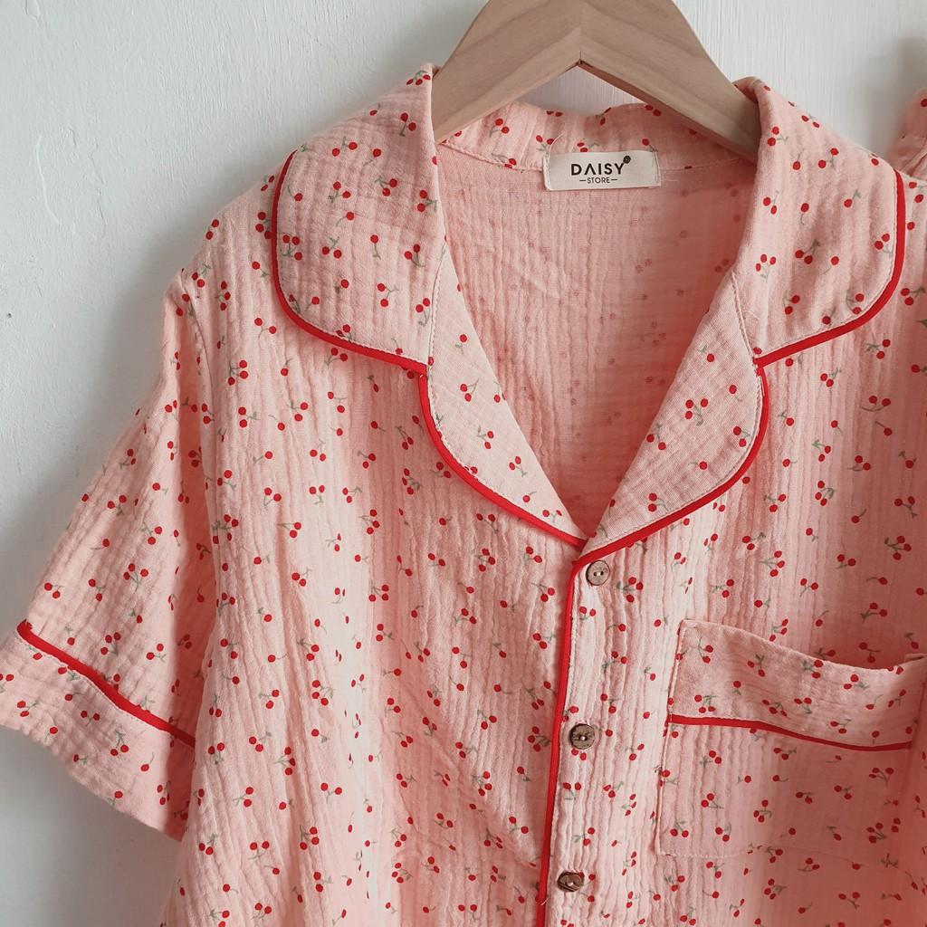 Pyjama đùi muslin hồng cherry