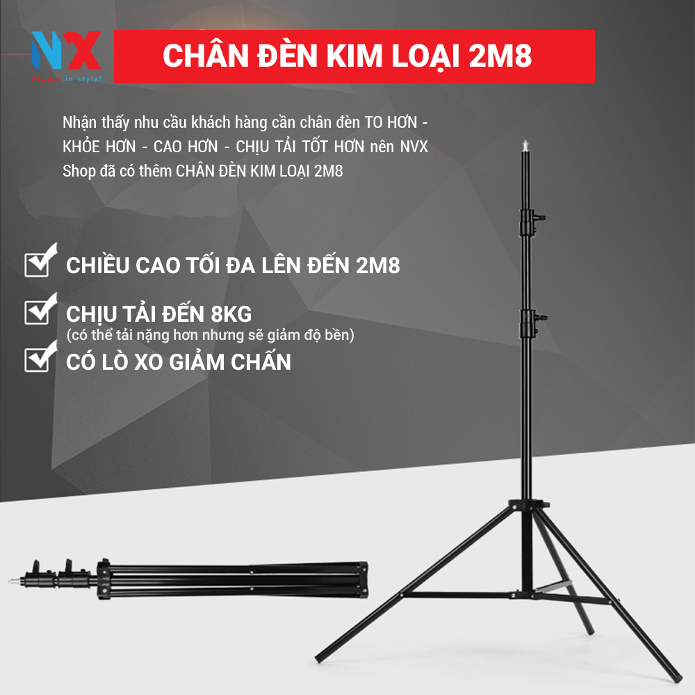 Chân đèn cao 2m8 kim loại - gắn đèn livestream, softbox chụp hình, đèn flash, máy ảnh