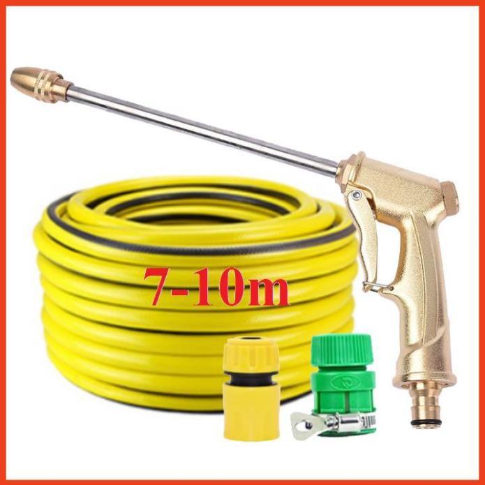 Bộ dây vòi xịt nước rửa xe, tưới cây . tăng áp 3 lần, loại 7m, 10m 206701-3 đầu đồng, cút,nối nhựa vàng