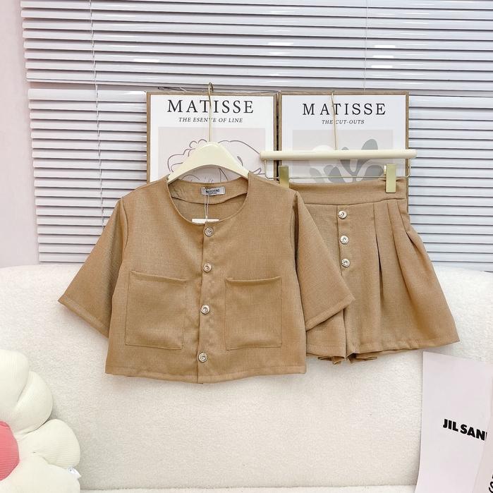 Sét áo croptop cổ tròn tay phồng mix quần ống xòe tiểu thư màu hồng/trắng/nâu dễ thương Cun Fashion -SB0145