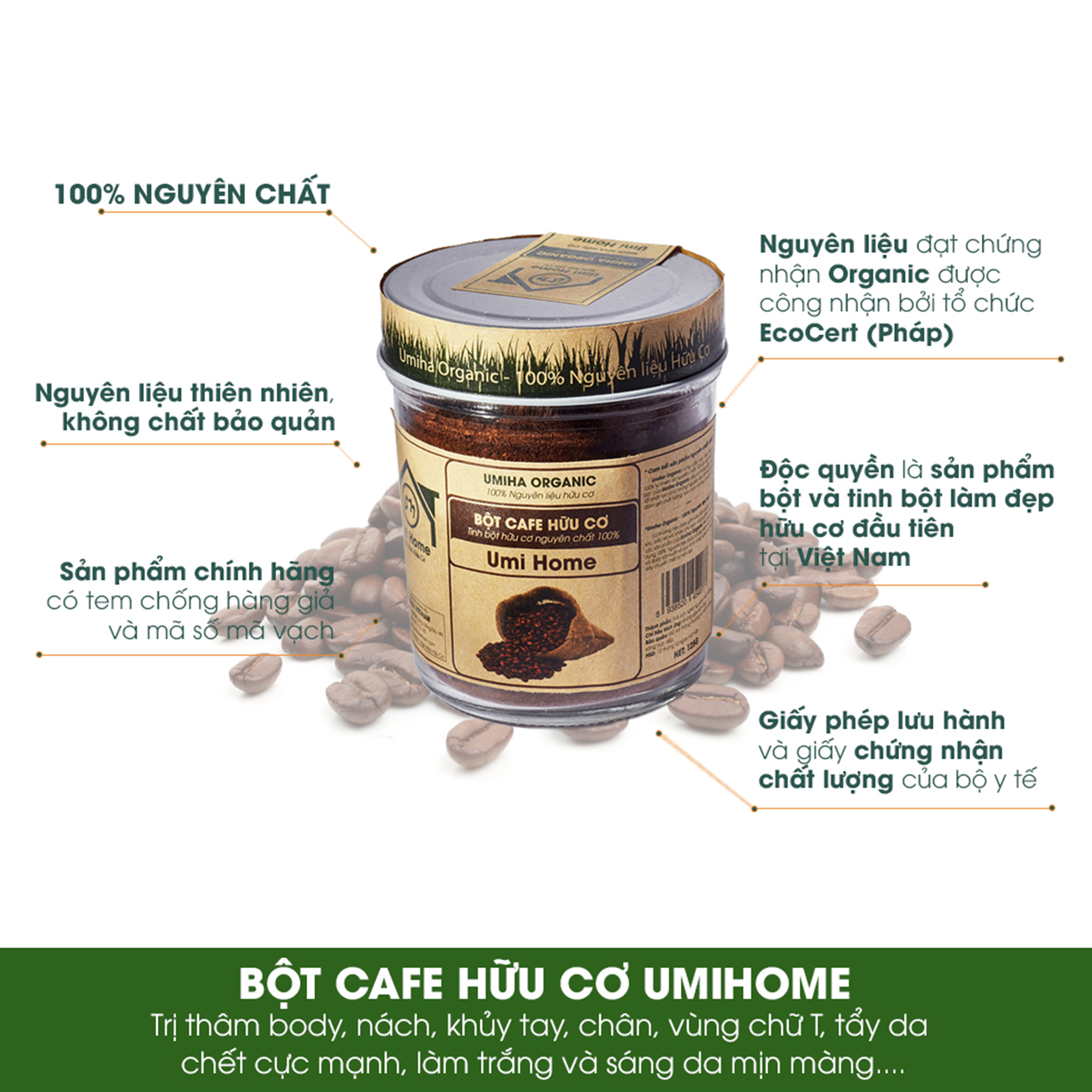 Bột Đắp Mặt Cafe Nguyên Chất UMIHOME (135g) tắm trắng da, loại bỏ mụn, thâm nám tàng nhang, chống lão hoá dưỡng da