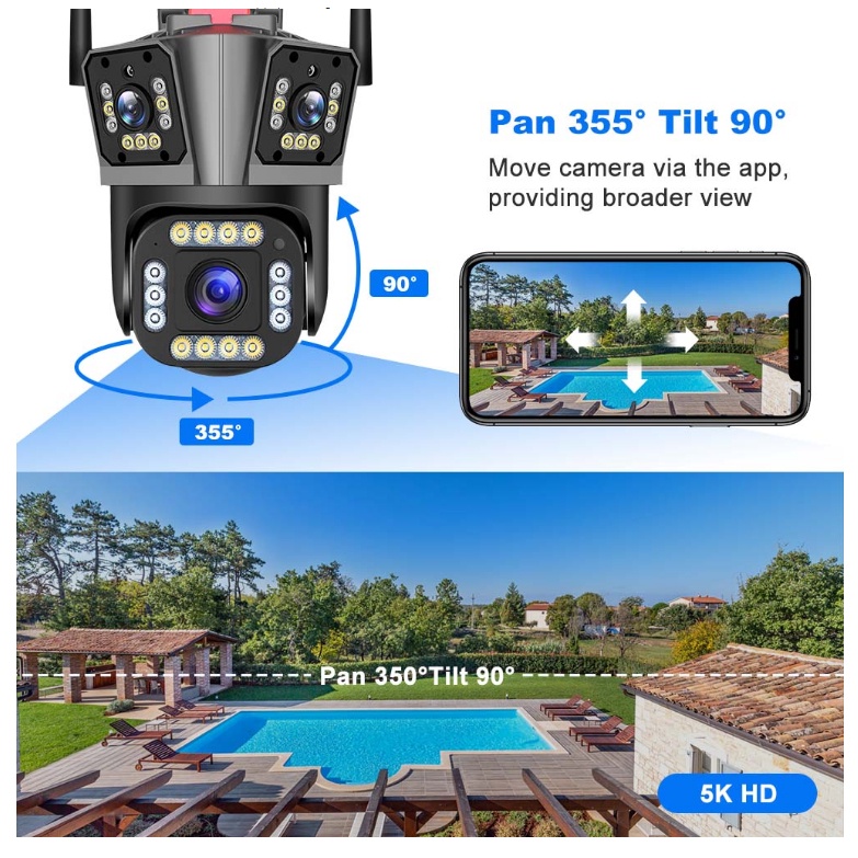 Camera IP Wifi 3 mắt 5K 4MP WiFi IP 10X Zoom 3 Ống Kính 3 Màn Hình Ngoài Trời PTZ Tự Động Theo Dõi Chống Nước - Hàng nhập khẩu