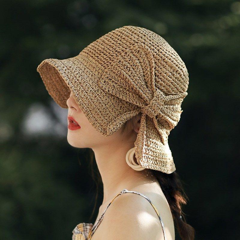 Cha Mẹ-Con 100% Raffia Nơ Hat Rộng Vành Đĩa Mềm Nón Mùa Hè Cho Nữ Đi Biển Panama Ống Hút Dome Xô nón Lưỡi Trai Femme Bóng Nón