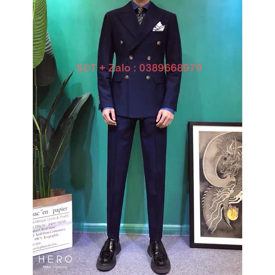 Bộ Vest Nam Cao Cấp 6 cúc Màu Xanh than, Bộ suit Nam 6 Cúc màu Tím than