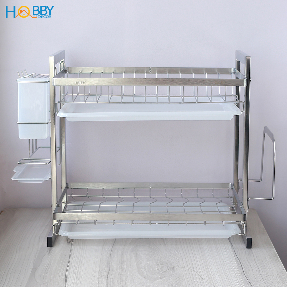 Kệ chén đa năng 2 tầng inox 304 Hobby Home Decor KC2T kèm khay hứng nước, ống đũa, giá treo thớt không rỉ sét