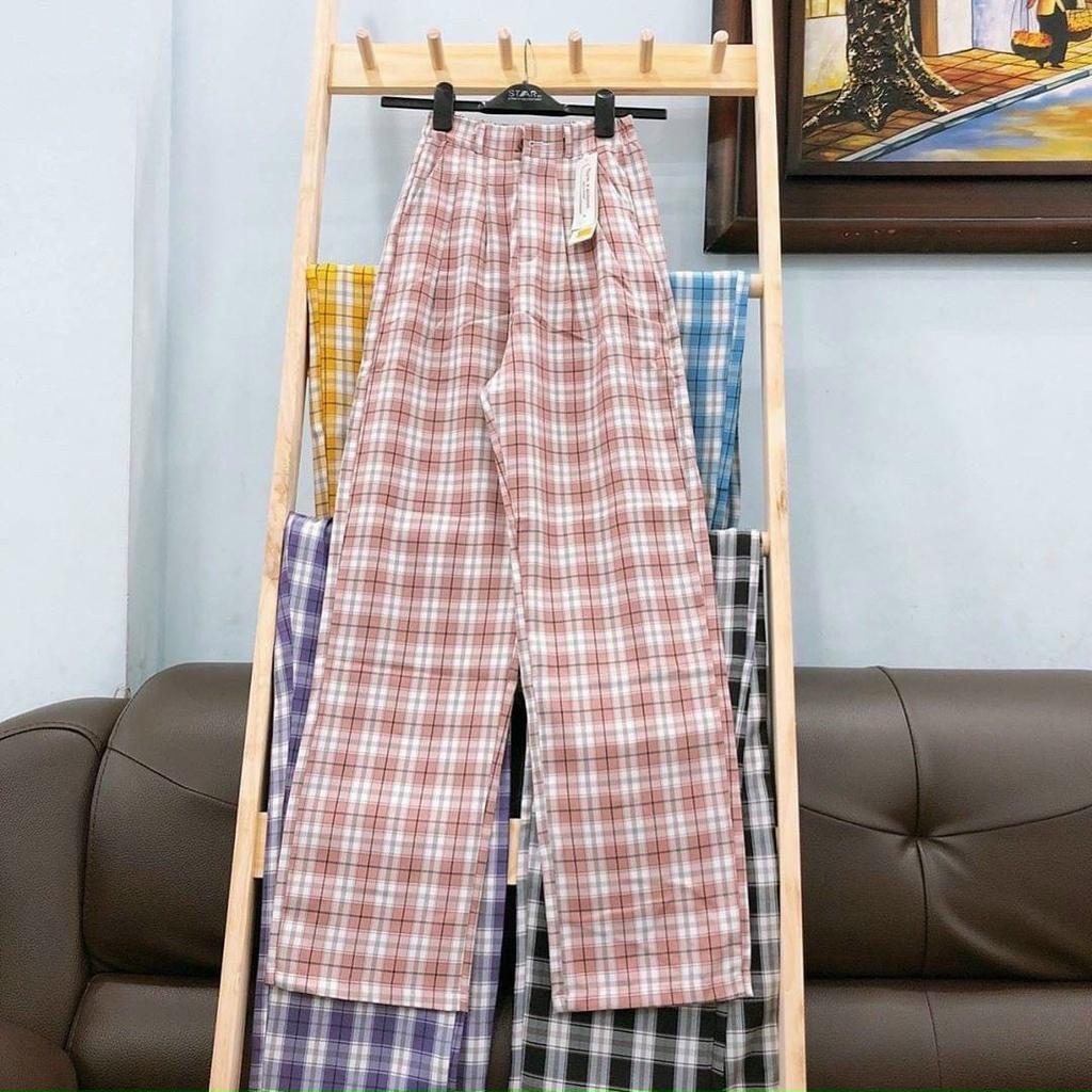 Quần Ống Rộng Nữ Kẻ Caro Lưng Cao Loại Đẹp - Quần Ống Suông Cạp Cao Kanimi - QD27