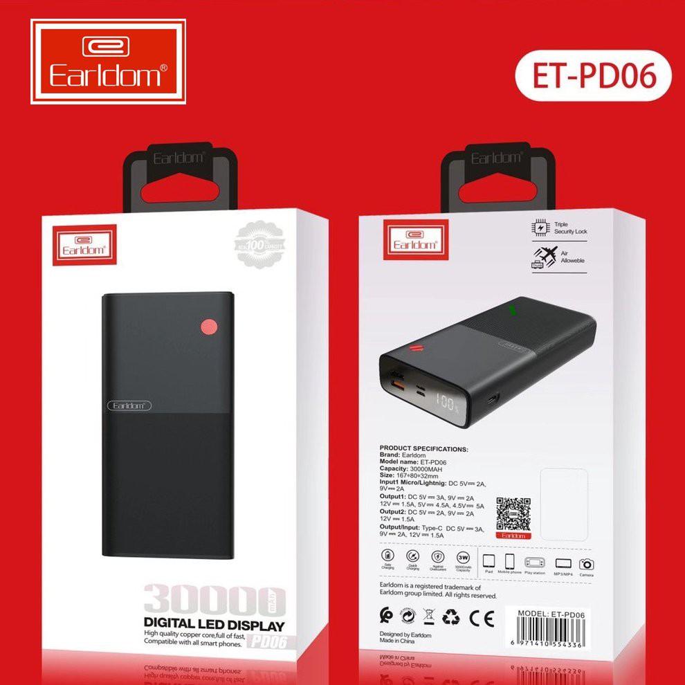 Bộ sạc dự phòng 30000mAh Earldom PD-06 Hỗ trợ sạc nhanh Hàng Chính Hãng