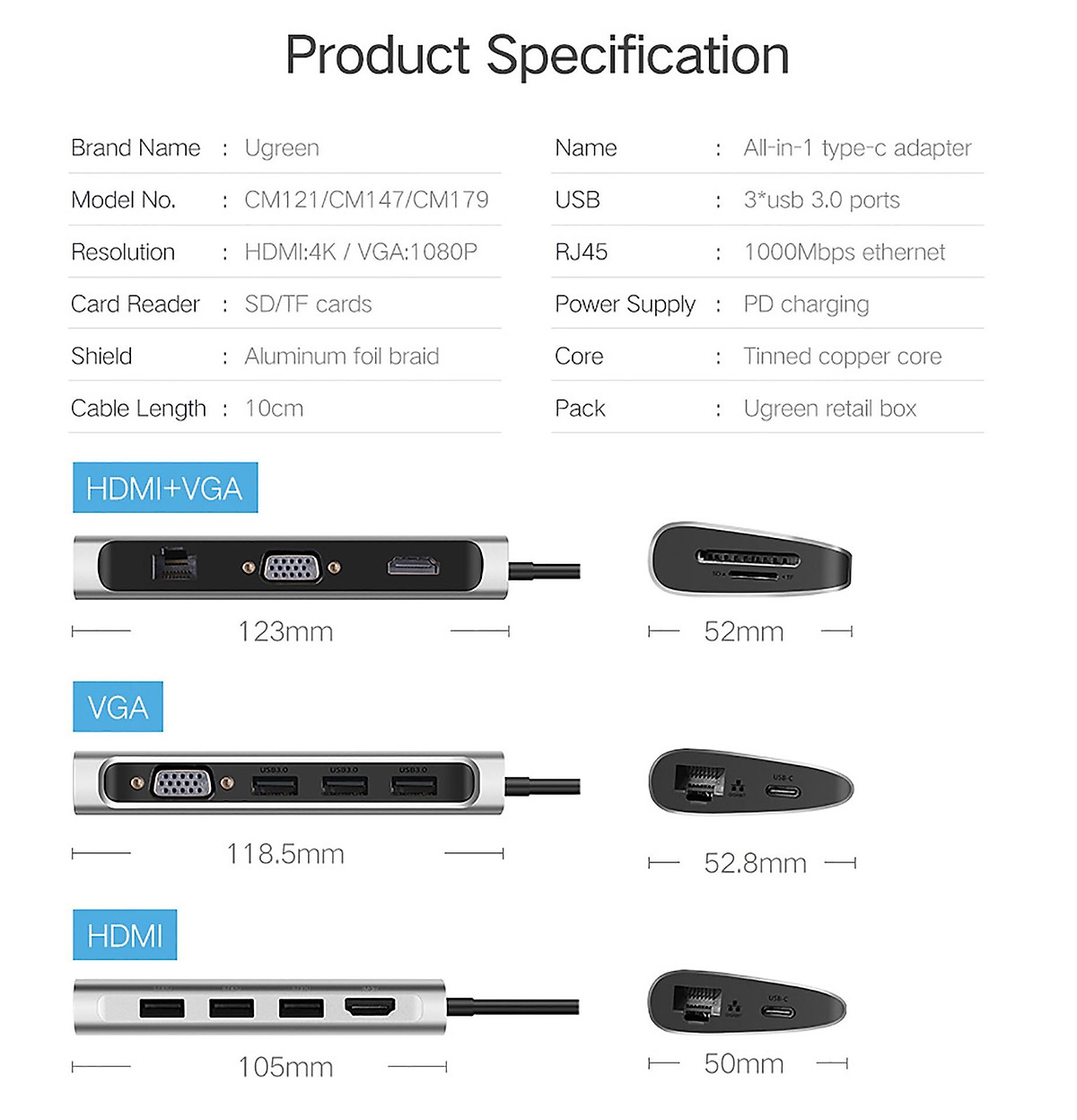 Hub Ugreen USB Type-C sang HDMI, VGA, LAN, USB 3.0, SD, USB-C CM179- hàng chính hãng