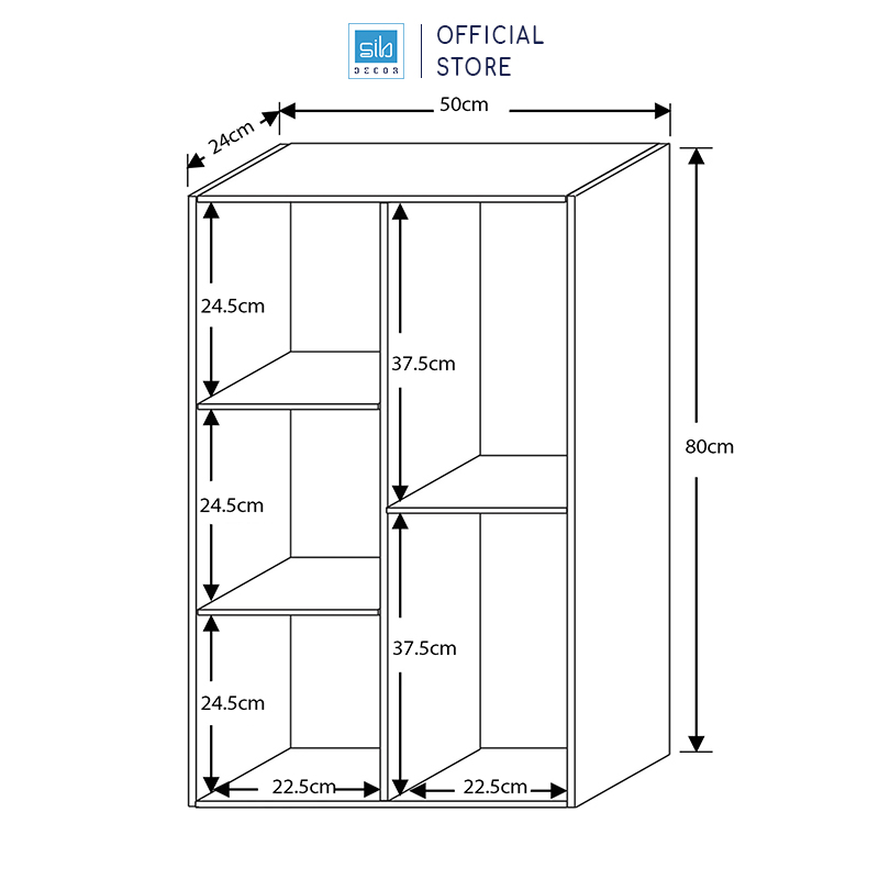 Kệ Sách Gỗ 5 Ngăn Có Hậu 80 x 50 x 24cm SIB Decor Cabinet