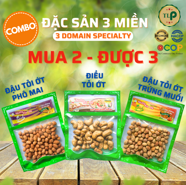 COMBO 3 GÓI ĐẶC SẢN 3 MIỀN (ĐẬU PHỘNG CỐT DỪA VỊ TRỨNG MUỐI, VỊ PHÔ MAI, HẠT ĐIỀU TỎI ỚT) TÂN LỘC PHÁT