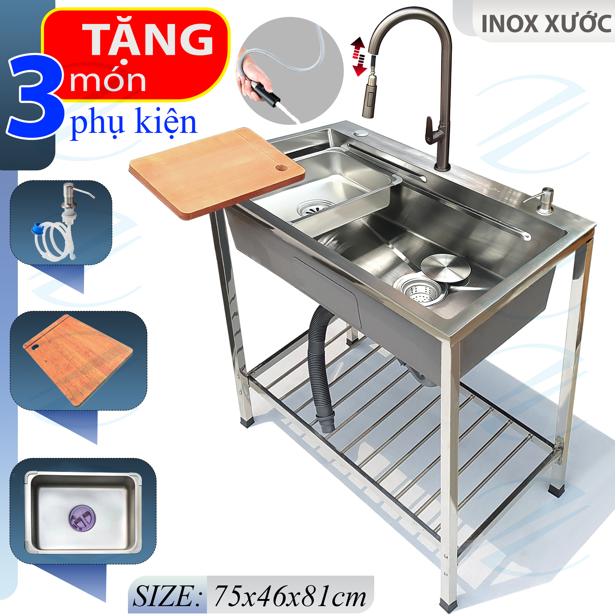 COMBO Chậu Rửa Chén Bát Inox Có Chân 75x46cm Kazta Kèm Vòi Nước Lạnh Đầu Dây Rút - Tặng Khay inox, thớt gỗ, đầu xịt xà bông