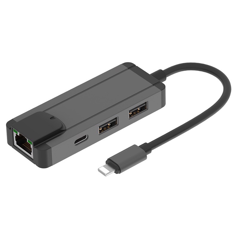 Bộ Dock chuyển Lightning sang cổng mạng LAN RJ45, 2 cổng USB gắn chuột bàn phím kèm cổng sạc cho iOs iPhone, iPad- Aturos OT75 - Hàng nhập khẩu