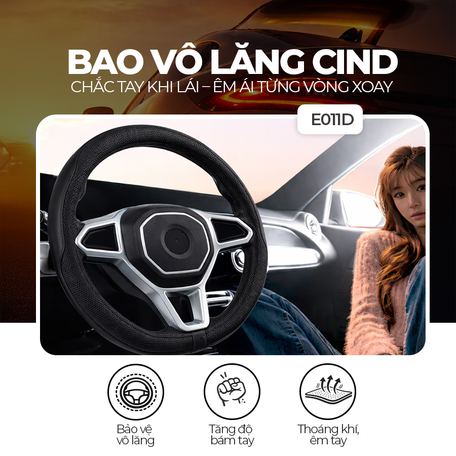 Bọc Vô Lăng D-Cut CIND E011D Size M Màu Đen Da PU Lõi TPE Chống Trượt Siêu Êm - Nhập Khẩu Chính Hãng