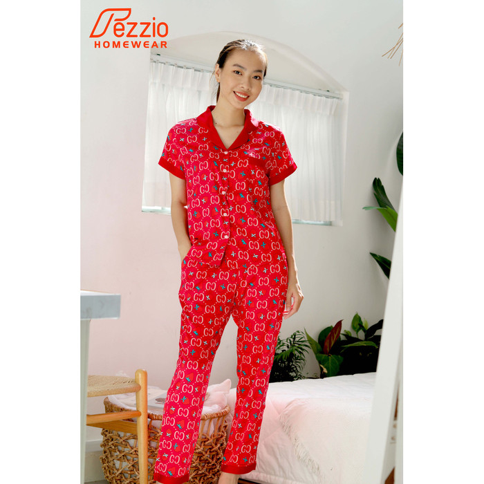 Pijama lụa latin cao cấp kiểu dáng cộc tay - quần dài trẻ trung đáng yêu thương hiệu Fezzio chính hãng