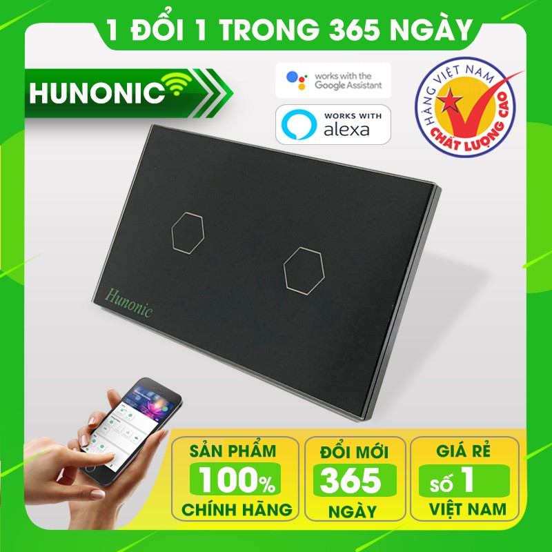 Công tắc thông minh Hunonic 2 nút hỗ trợ Google Assistant . Công tắc cảm ứng WIFI kính cường lực- Công tắc điện 2 màu đen trắng | Hàng Việt Nam Chất Lượng Cao- BH 12 tháng