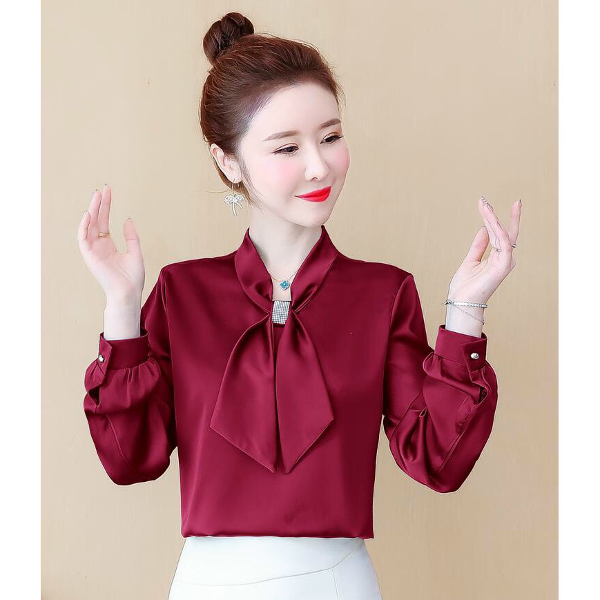 Áo Sơ Mi Phi Lụa Sang Trọng Kiểu Nơ Đính Kim Sa TP15