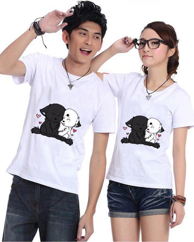 Bộ Áo Thun Đôi Gấu Yêu Thương Màu Trắng Nam Nữ