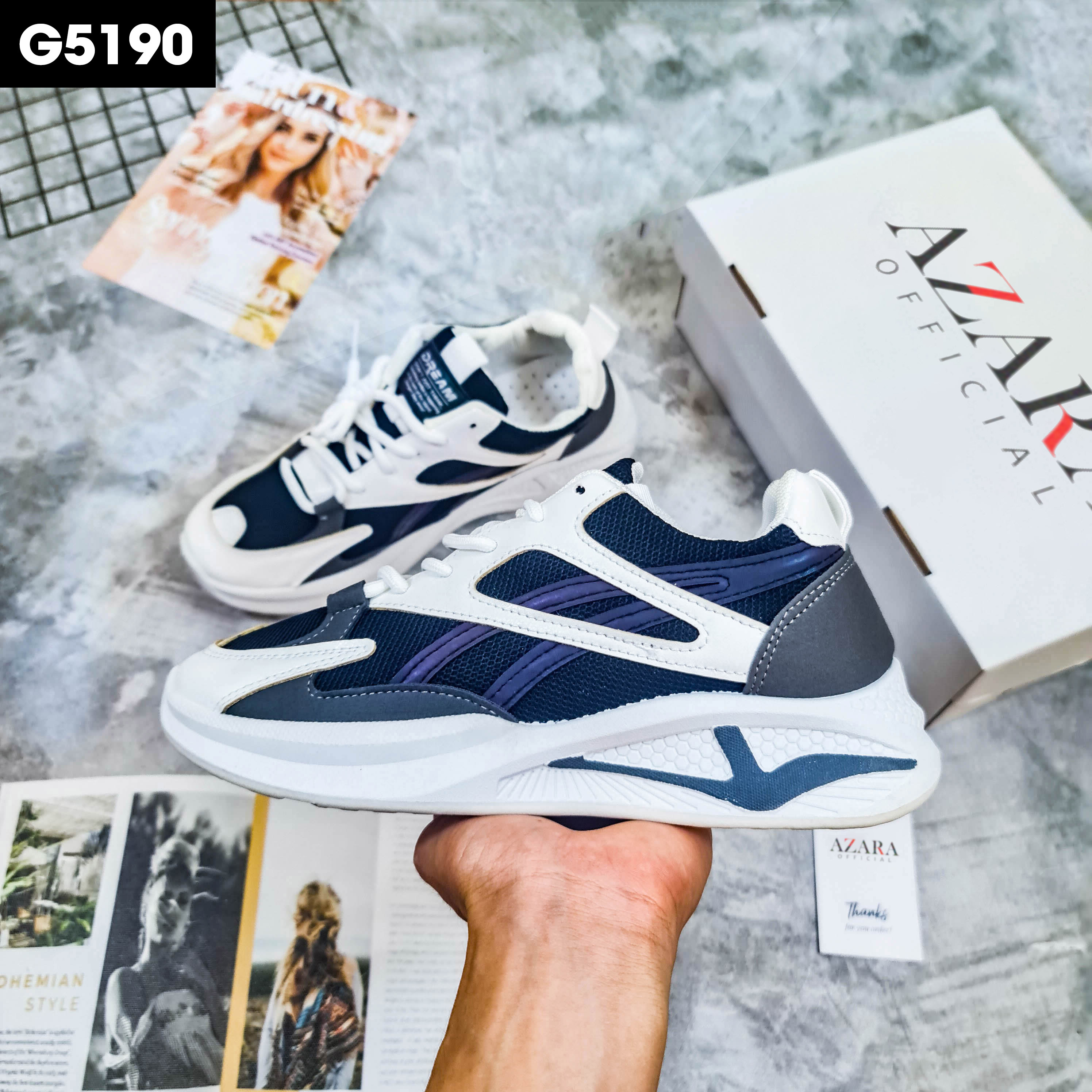 Giày Thể Thao Nam AZARA- Sneaker Màu Trắng Viền Vàng - Trắng Viền Đen , Giày Thể Thao Hoạt Động Ngoài Trời, Êm Chân - G5195