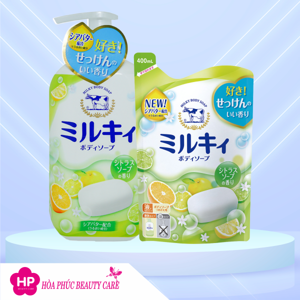 Combo Sữa Tắm Sáng Da Hương Cam Chanh Cow Milky Body Soap Citrus ( Chai 550 mL Và Túi 400 mL )