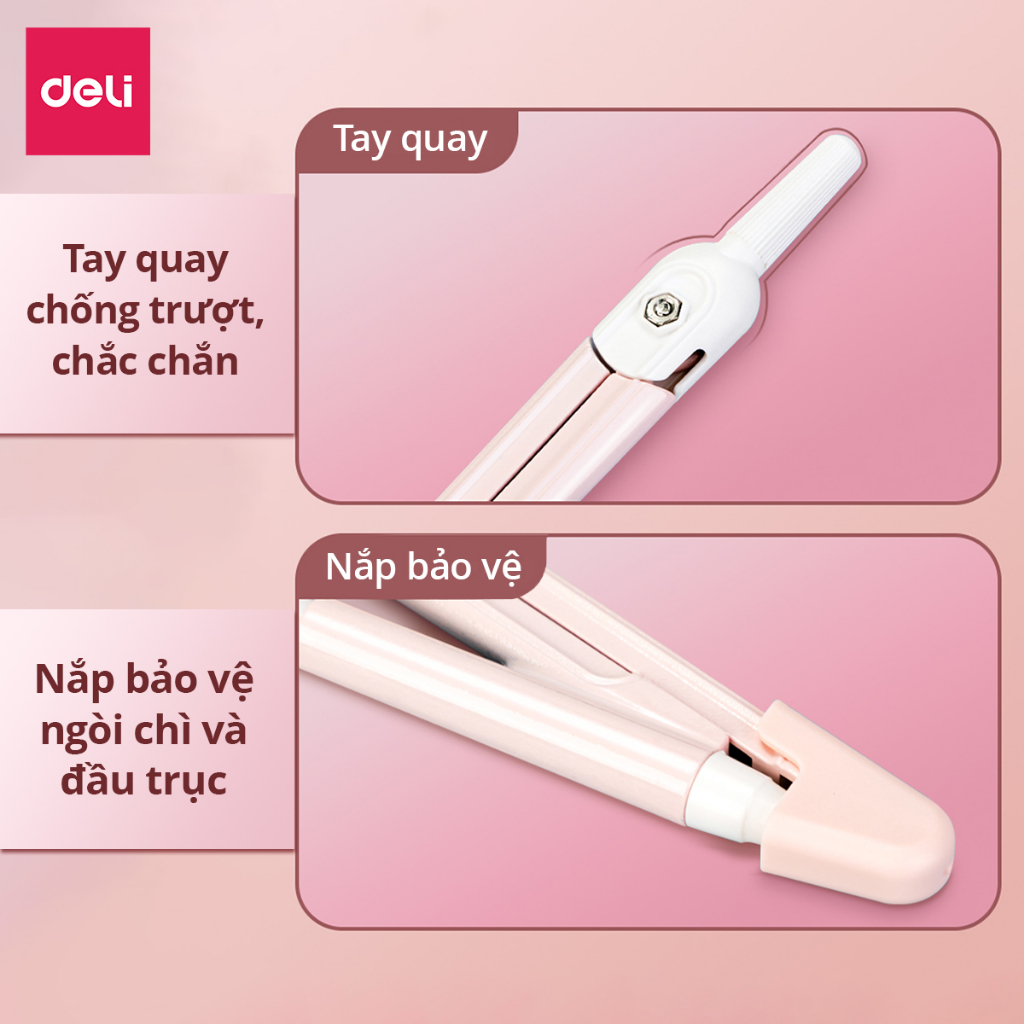 Bộ Compa Bấm Chì 2B Học Sinh Màu Pastel Xinh Xắn Deli - Kèm Lõi Chì Vẽ Tranh Hình Học Kỹ Thuật Mỹ Thuật Dụng Cụ Học Tập