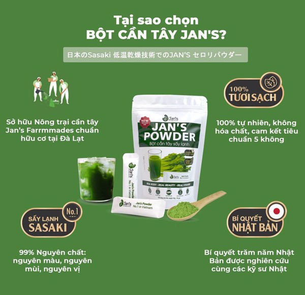 Bột cần tây mật ong sấy lạnh Jan's giúp giảm cân giữ dáng, detox cơ thể tốt cho sức khỏe - Bao bì mới túi 60g (20 gói x 3g)