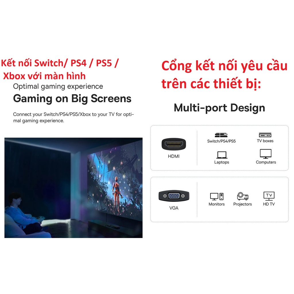 [ HDMI male-VGA female ] Đầu chuyển HDMI ra VGA 1080P Baseus Lite Series BS-OH010 -Hàng chính hãng