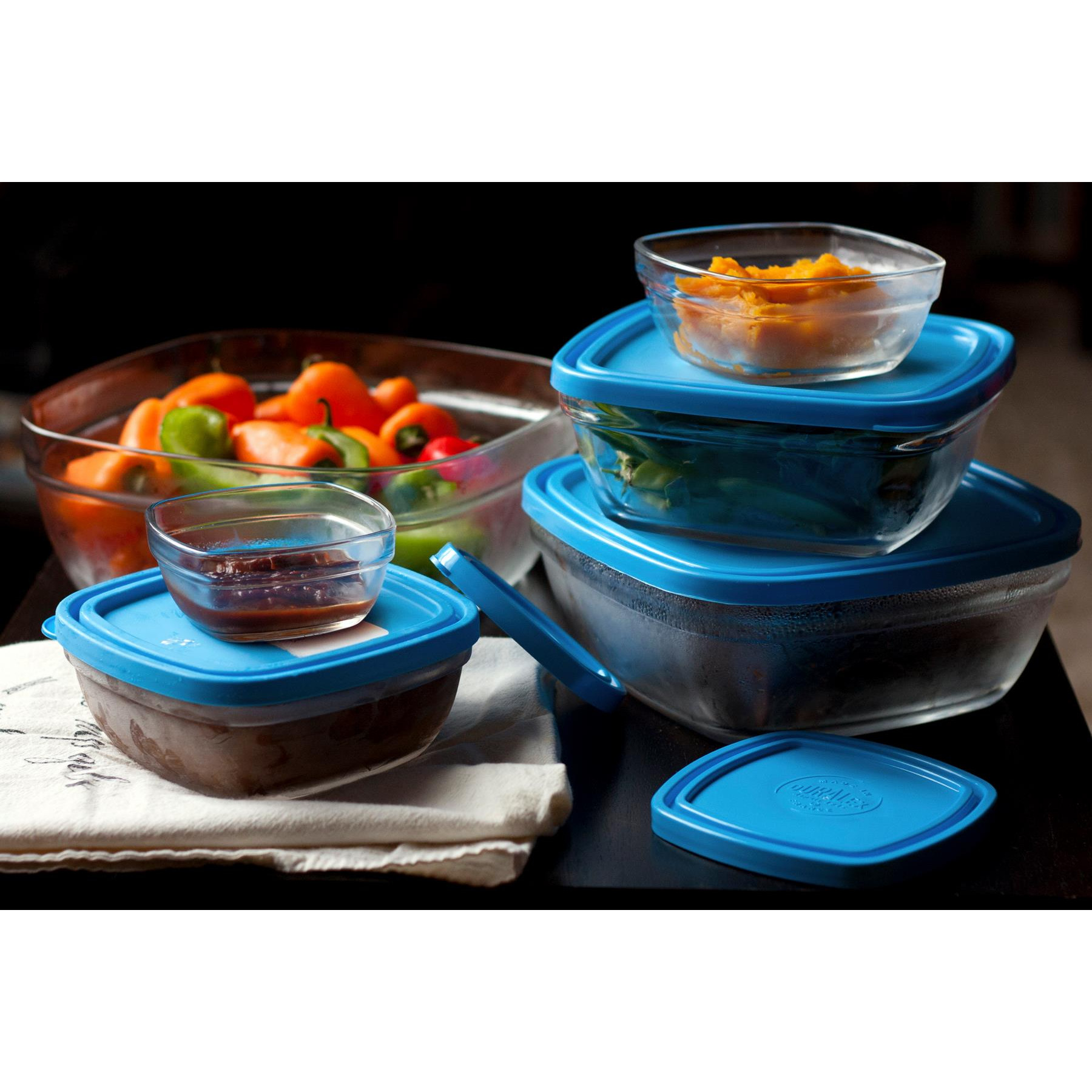 Bộ Hộp thực phẩm D9015A Duralex - Freshbox nắp xanh Blue 5 size Thủy tinh cường lực Pháp