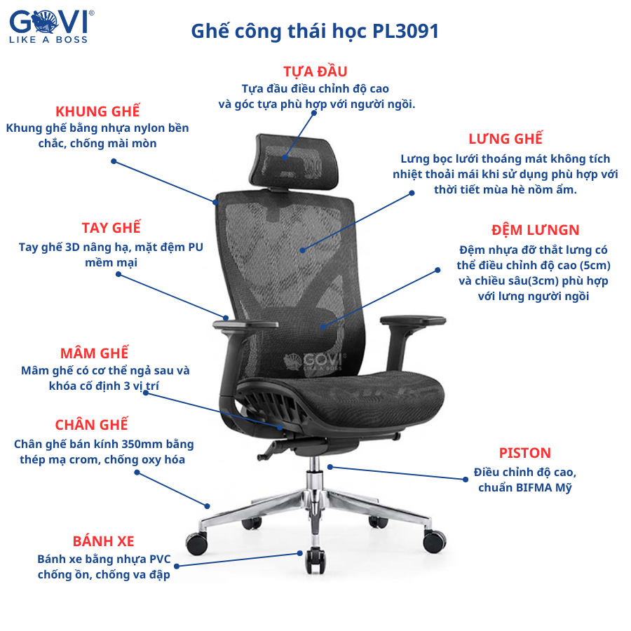 Ghế công thái học GOVI Ergonomic Plato PL3091 - Tựa tay, tựa đầu điều chỉnh, đệm ghế trượt trước sau, khóa ngả 3 vị trí