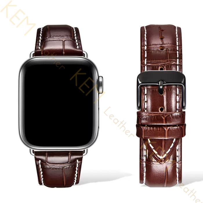 Dây Đồng Hồ Thay Thế Dành Cho Apple Watch 48 Ultra 45/44/42mm - 41/40/38mm, Chất Liệu Da Cá Sấu Cao Cấp Màu Nâu May Thủ Công Chỉ Trắng Tương Thích Các Phiên Bản Series 8/7/6/5/4/3/2/1/SE Bảo Hành 12 Tháng