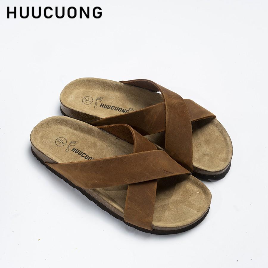 Dép unisex HuuCuong quai chéo da bò nâu đế trấu handmade