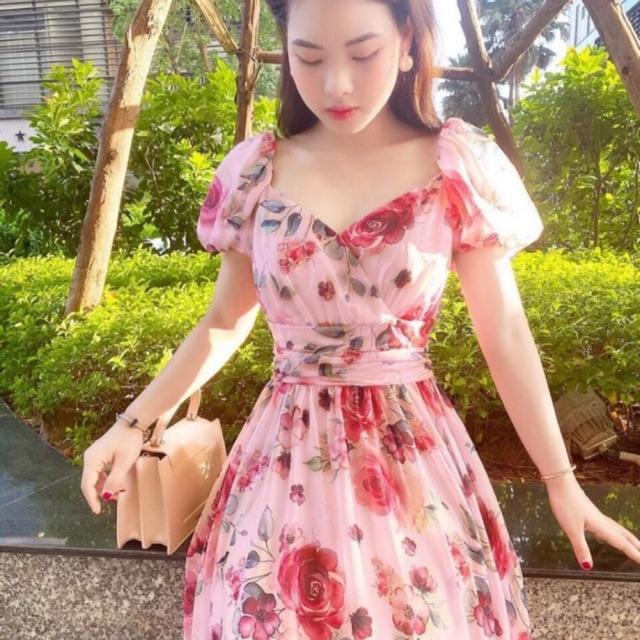 Đầm hoa hồng tay phồng xếp ly dịu dàng thướt tha
