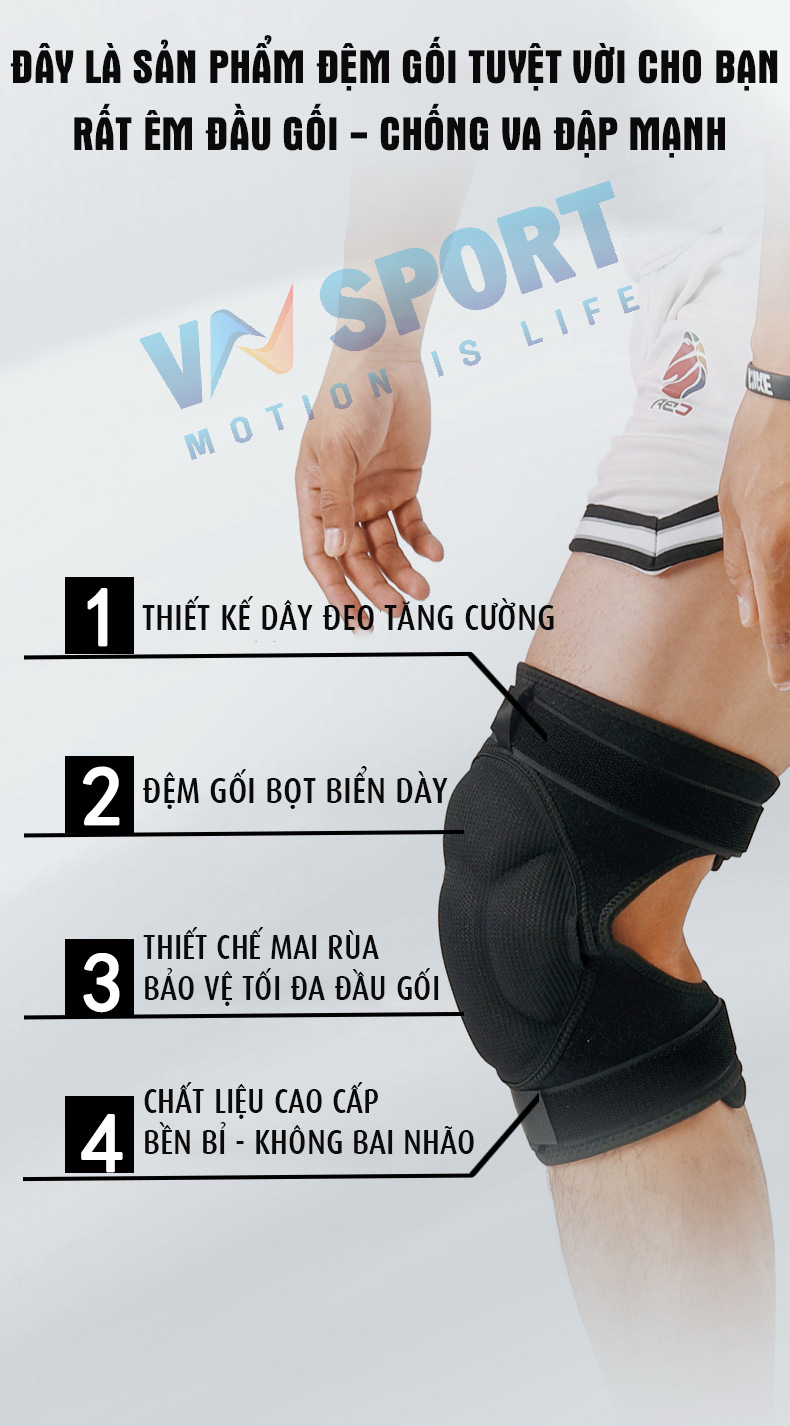 Băng Đệm Đầu Gối VNSPORT - VN026, Băng Đệm Gối Cho Thủ Môn, Bóng Rổ, Bóng Chuyền, Đá Banh, Leo Núi...Băng Có Thiết Kế Dán Tùy Chỉnh Vòng Gối Kết Hợp Dây Siết Tăng Cường Tạo Độ Chắc Chắn