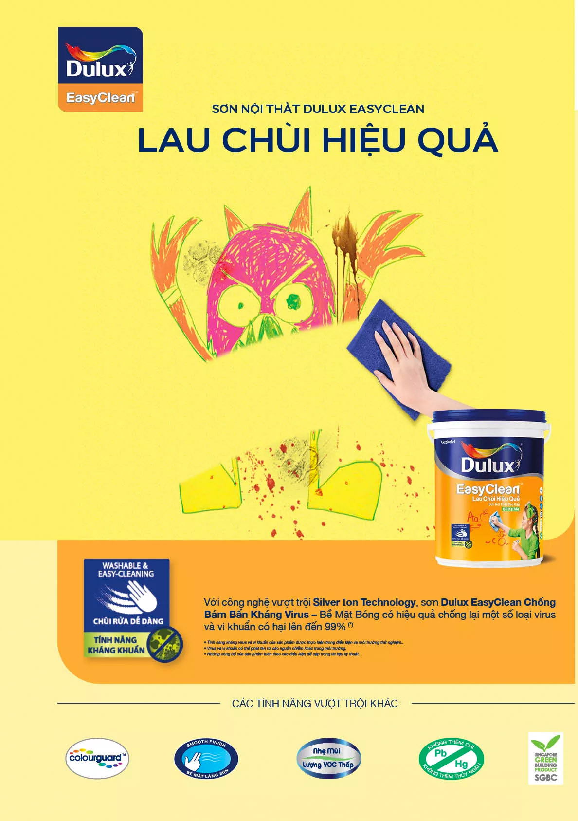 Sơn nước nội thất - Cao cấp - Dulux EasyClean Lau Chùi Hiệu Quả - Bề mặt mờ - 18L