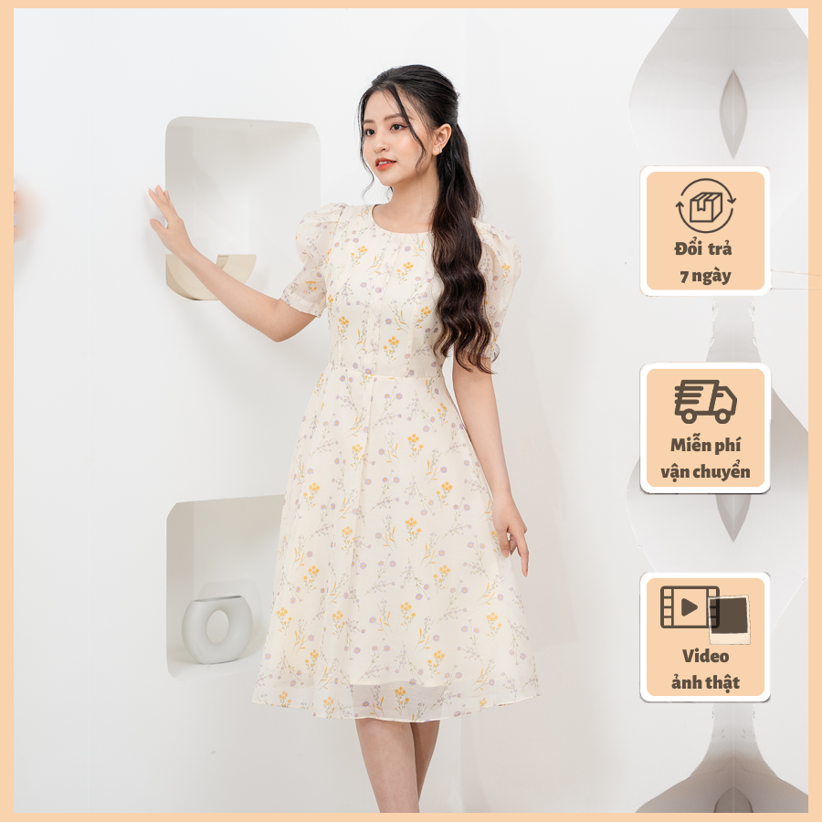 Váy hoa nhí cổ tròn dáng tiểu thư v235