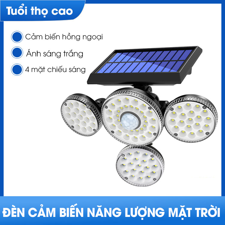 Đèn năng lượng mặt trời, đèn tường xoay 4 đầu 89LED,đầu dò thông minh -K1386