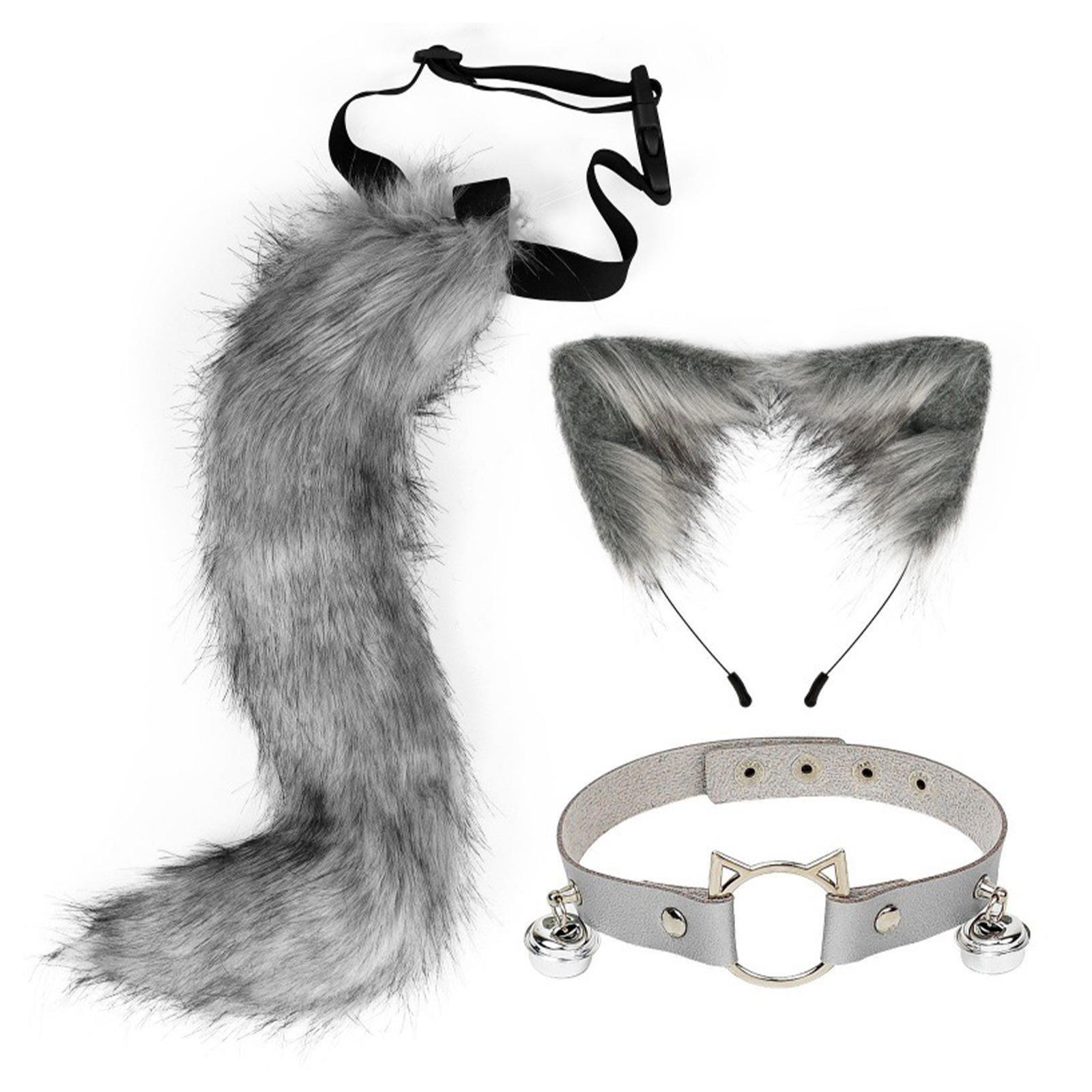 Ears and Long Tail Set Faux Plush Hair Hoop for Halloween Christmas Carnival